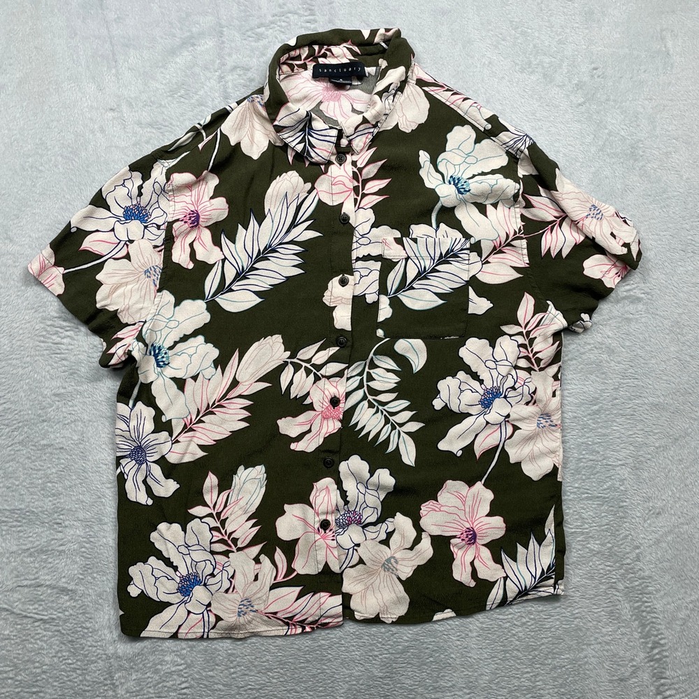 Sanctuary Button Up Shirt Womens Small Olive Green Floral Rayon Tropical Top